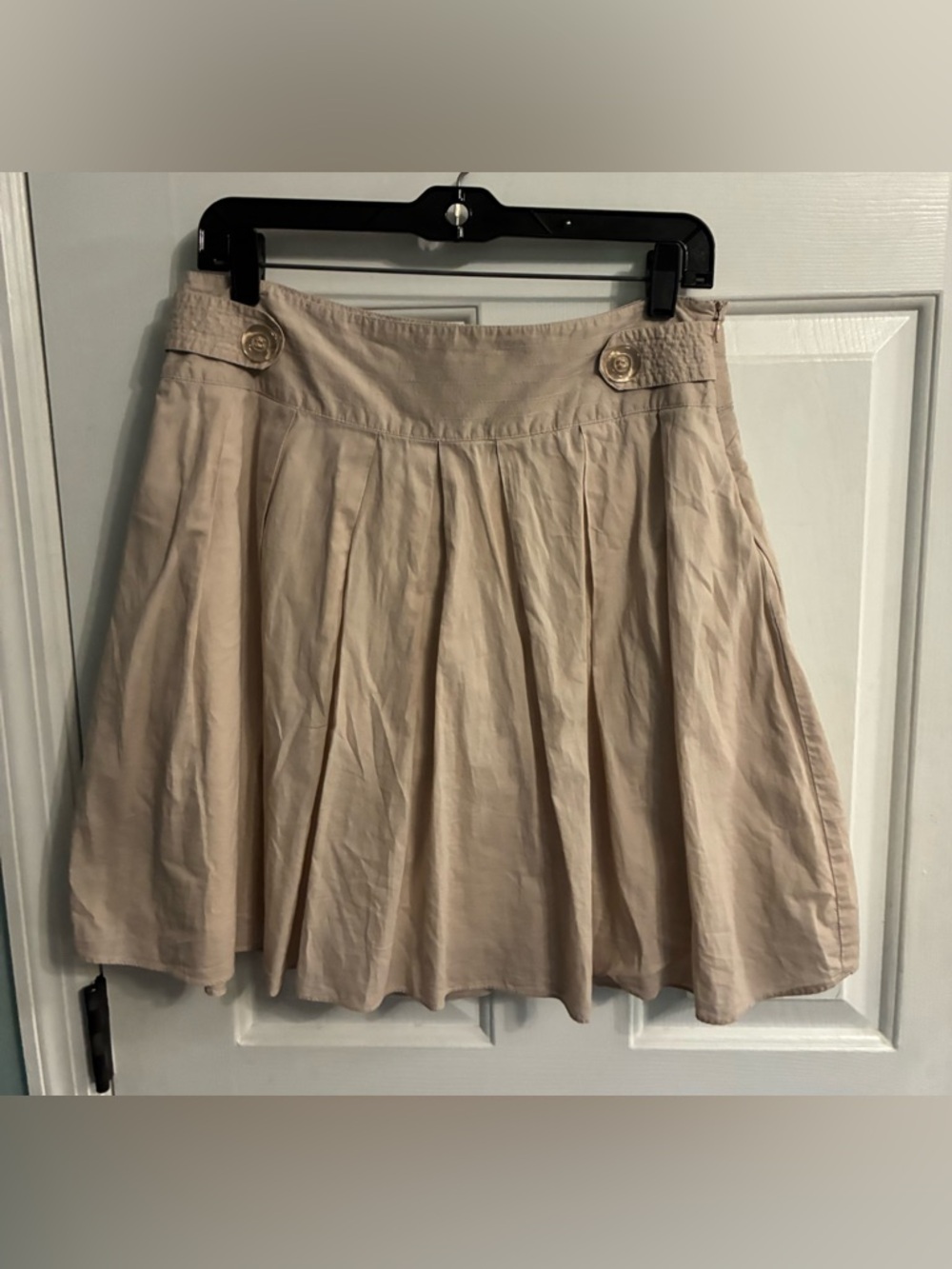 100% Cotton Star City Beige Pleated Skater Skirt with Decorative Buttons